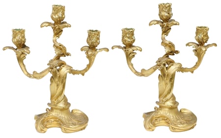 (2) LARGE FRENCH LOUIS XV STYLE ORMOLU SCROLLED 3-LIGHT CANDELABRA