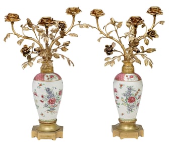 (2) CHINESE EXPORT STYLE PORCELAIN & GILT METAL 3-LT CANDELABRA