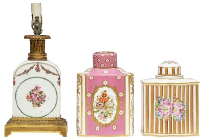 (3) CHINESE EXPORT, DRESDEN & SEVRES-STYLE PORCELAIN TEA CADDIES