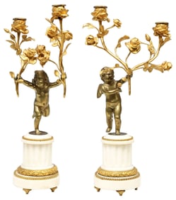 (2) AFTER HENRY DASSON (1825-1896) ORMOLU & MARBLE 2-LT CHERUB CANDELABRA