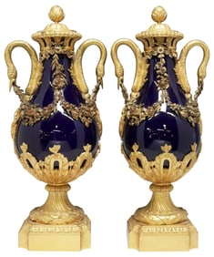 (2) FRENCH EMPIRE STYLE ORMOLU-MOUNTED COBALT PORCELAIN CASSOLETTES