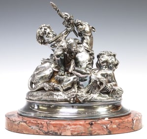 SILVERED-BRONZE FIGURAL GROUP OF BACCHIC PUTTI & PANTHER