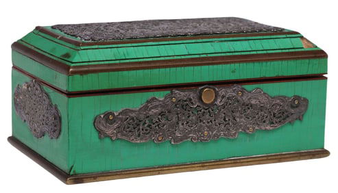 FINE SILVER-MOUNTED & GREEN-CLAD CASKET FORM TRINKET BOX