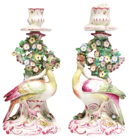 (2) ENGLISH BOW PORCELAIN CANDLESTICK HOLDERS WITH BIRDS, 18TH C.