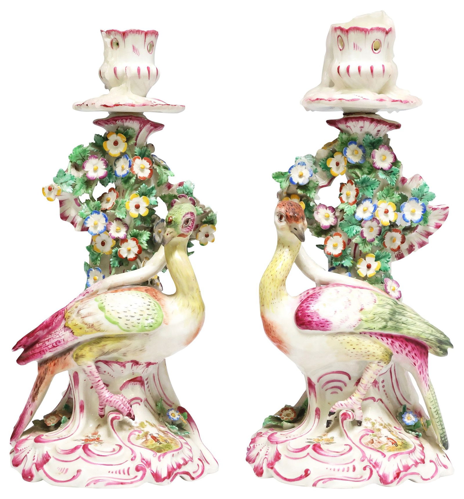 (2) ENGLISH BOW PORCELAIN CANDLESTICK HOLDERS WITH BIRDS, 18TH C. (1 of 5)