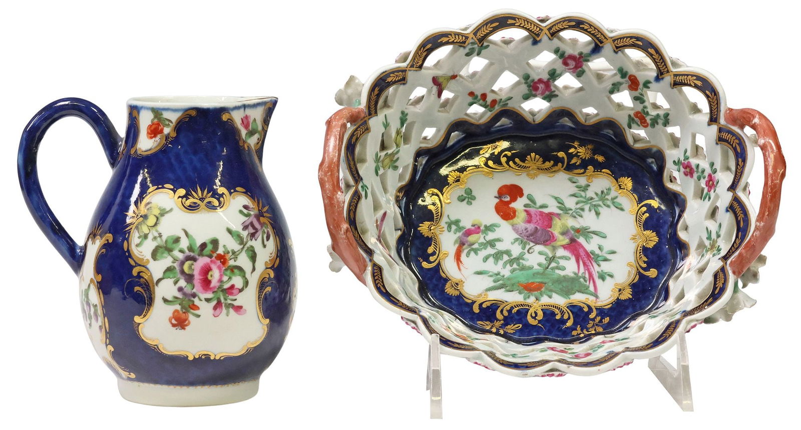 (2) WORCESTER PORCELAIN 'BLUE SCALE' BASKET & CREAM JUG (1 of 6)