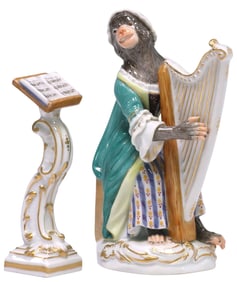 (2) MEISSEN PORCELAIN KANDLER MONKEY ORCHESTRA HARPIST & MUSIC STAND