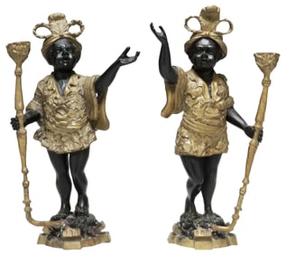(2) PARCEL GILT PATINATED BRONZE FIGURAL CANDLE HOLDERS