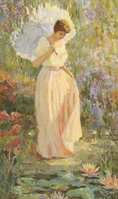 ROBERT HAMMAN (TX, B.1938) OIL PAINTING, WOMAN IN SUMMER GARDEN