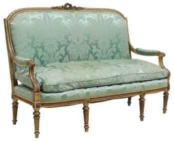 FRENCH LOUIS XVI STYLE SILK-UPHOLSTERED GILTWOOD SETTEE