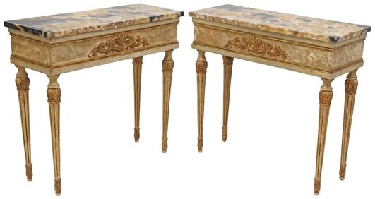 (2) FRENCH LOUIS XVI STYLE MARBLE-TOP PATINED CONSOLE TABLES