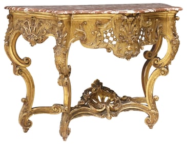 FRENCH BEDEL & CIE LOUIS XV STYLE MARBLE-TOP GILTWOOD CONSOLE TABLE
