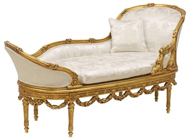 LOUIS XVI STYLE GILTWOOD 'SUKHOTHAI' UPHOLSTERED CHAISE LOUNGE