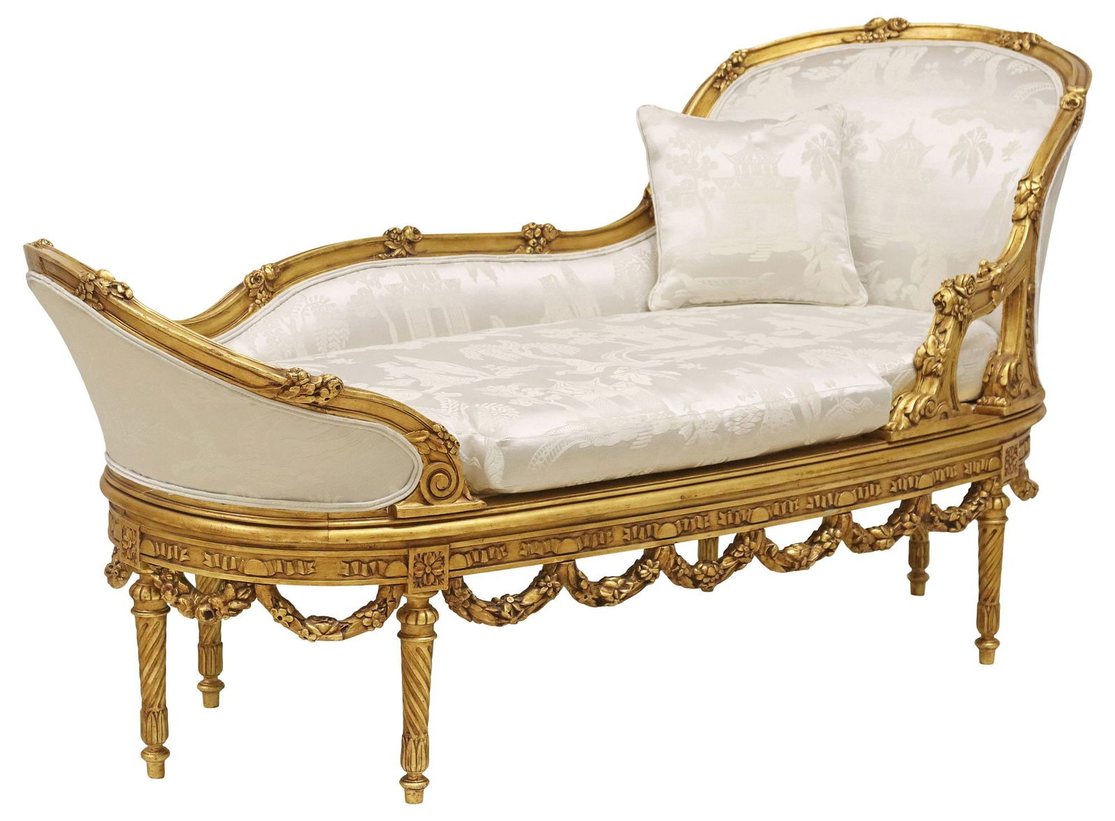 LOUIS XVI STYLE GILTWOOD 'SUKHOTHAI' UPHOLSTERED CHAISE LOUNGE: Louis XVI style chaise lounge, late 20th c., having floral giltwood frame, in later Clarence House "Sukhothai" platinum upholstery, motifs including landscape scenery, pagodas, male and female figures