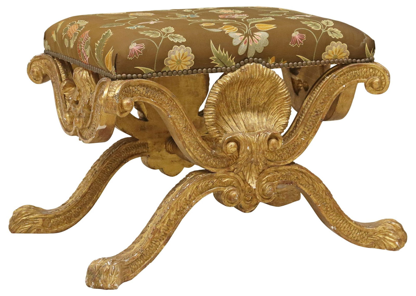 MANNER OF WILLIAM KENT (1685-1748) UPHOLSTERED GILTWOOD CURULE STOOL (1 of 4)