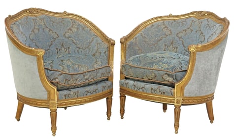 (2) LOUIS XVI STYLE GILTWOOD UPHOLSTERED BERGERES