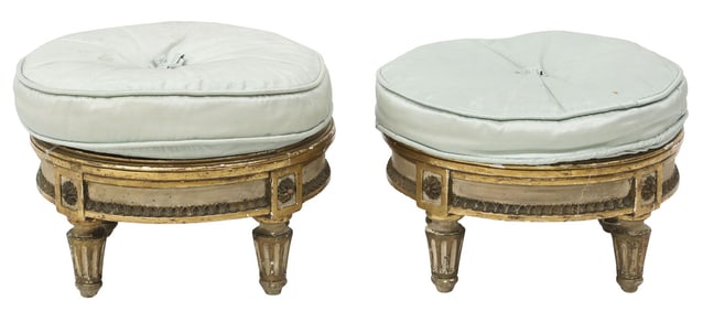 (2) PETITE FRENCH LOUIS XVI STYLE PARCEL GILT CANED FOOTSTOOLS WITH CUSHIONS
