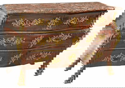 REGENCE STYLE MARBLE-TOP ROSEWOOD PARQUETRY COMMODE