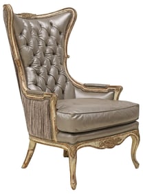 OLD HICKORY TANNERY LOUIS XV STYLE SILVER LEATHER WINGBACK ARMCHAIR