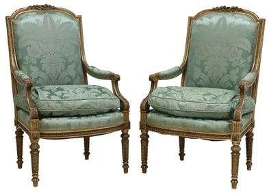 (2) FRENCH LOUIS XVI STYLE SILK-UPHOLSTERED GILTWOOD FAUTEUILS