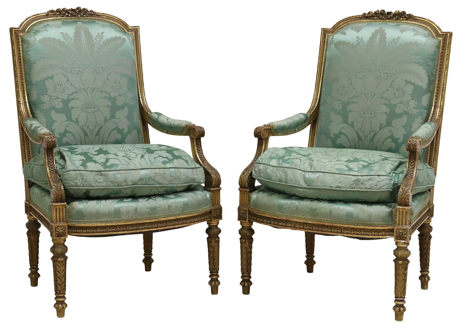 (2) FRENCH LOUIS XVI STYLE SILK-UPHOLSTERED GILTWOOD FAUTEUILS (1 of 3)