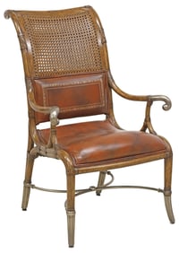 MAITLAND-SMITH (ATTRIB.) REGENCY STYLE CANED LEATHER & BAMBOO ARMCHAIR