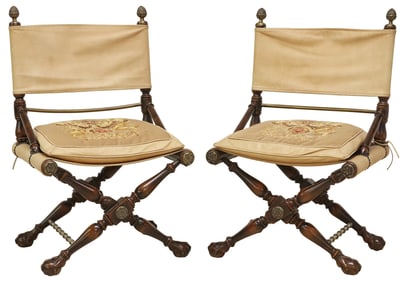 (2) MAITLAND-SMITH REGENCY STYLE LEATHER & WALNUT CURULE CHAIRS