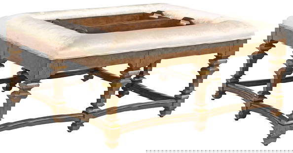 (3) OVERSIZED CONTEMPORARY UPHOLSTERED DUAL TRAY-TOP COCKTAIL OTTOMAN: Oversized Contemporary cocktail ottoman, late 20th c., having two inset wood trays, in velvet upholstery, rising on shaped supports with gilt painted accents, joined by arched stretchers, some finish