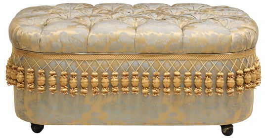 OVERSIZED BUTTON-TUFTED SILK CHINOISERIE UPHOLSTERED OTTOMAN
