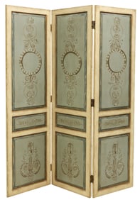 ARDLEY HALL LOUIS XVI STYLE PARCEL-GILT & PAINTED 3-PANEL SCREEN