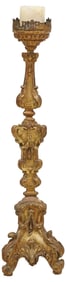 CONTINENTAL BAROQUE STYLE PARCEL GILT STANDING CANDLE PRICKET, 53"H