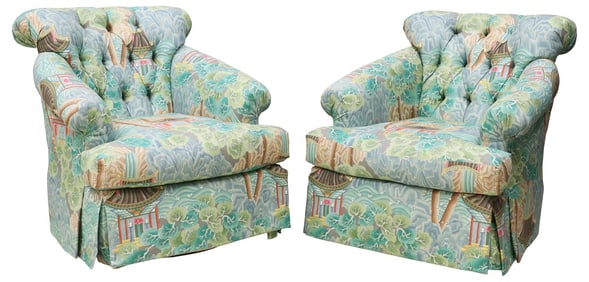 (2) CUSTOM CLARENCE HOUSE CHINOISERIE-UPHOLSTERED SWIVEL ARMCHAIRS