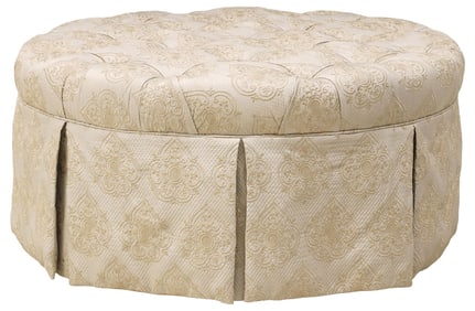 LARGE CUSTOM BEIGE UPHOLSTERED CIRCULAR SWIVEL OTTOMAN