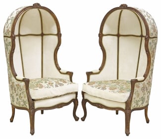 (2) LOUIS XV STYLE PARCEL GILT FLORAL SILK UPHOLSTERED PORTER'S CHAIRS