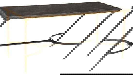 FRENCH RECTANGULAR BRASS EGLIOMISE COFFEE TABLE: French rectangular brass coffee table, in the manner of Maison Bagues, 20th c., having eglomise mirrored top with beaded trim, rising on fluted supports, joined by cross-stretcher, ending on tapered f