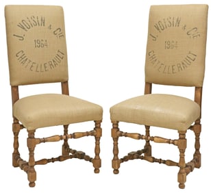 (2) RESTORATION HARDWARE '1890 ENGLISH BAROQUE' BURLAP HIGHBACK CHAIRS