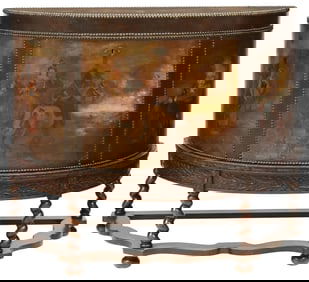 LEATHER-CLAD PAINT DECORATED STORAGE TRUNK/CHEST ON BASE