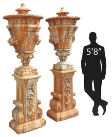 (2) PALATIAL NEOCLASSICAL STYLE CAST STONE COVERED PEDESTAL URNS, 92"H