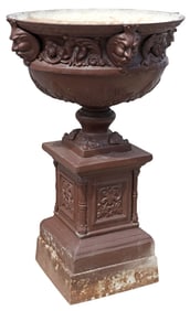 MONUMENTAL NEOCLASSICAL STYLE PAINTED METAL PEDESTAL GARDEN URN, 59"H