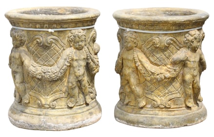 (2) NEOCLASSICAL STYLE PAINTED CAST STONE FIGURAL GARDEN PLANTERS, 25"H