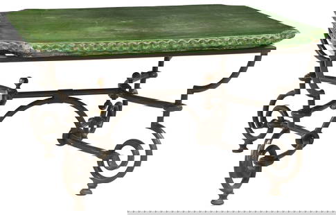 FRENCH ST. JEAN DE FOS GREEN-GLAZED TERRACOTTA & IRON COFFEE TABLE: French green-glazed terracotta coffee table, Saint-Jean-de-Fos, Occitania, dated October 27, [20]00 under top, having shaped top with dimpled trim, rising on scrolled cast iron base, tabletop signed S