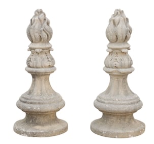 (2) LARGE CAST STONE TORCH-FORM GATE PIER FINIALS, 27"H