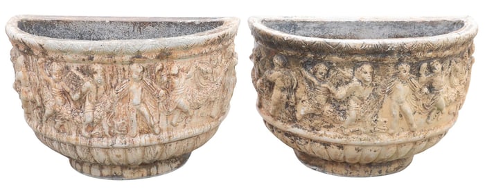 (2) CLASSICAL STYLE CAST CONCRETE FIGURAL DEMILUNE PLANTERS