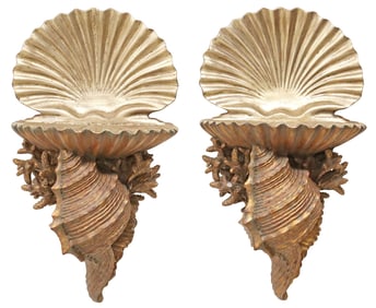 (2) GROTTO STYLE POLYCHROME & GILT SEASHELL-FORM WALL BRACKETS