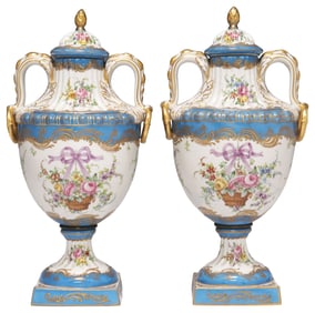 (2) SEVRES-STYLE TURQUOISE-GROUND VASES & COVERS