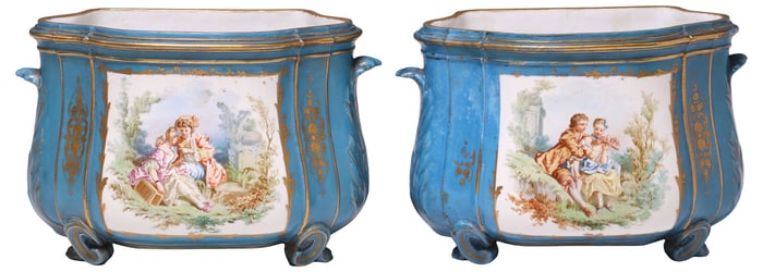 (2) SEVRES-STYLE TURQUOISE-GROUND FLOWER VASES