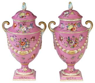 (2) DRESDEN PORCELAIN PARCEL-GILT PINK VASES & COVERS