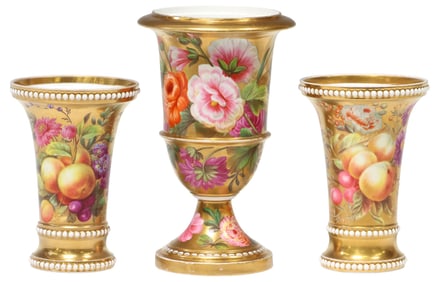 (3) GARNITURE OF SPODE PATTERN 711 CAMPANA & BEADED BEAKER VASES