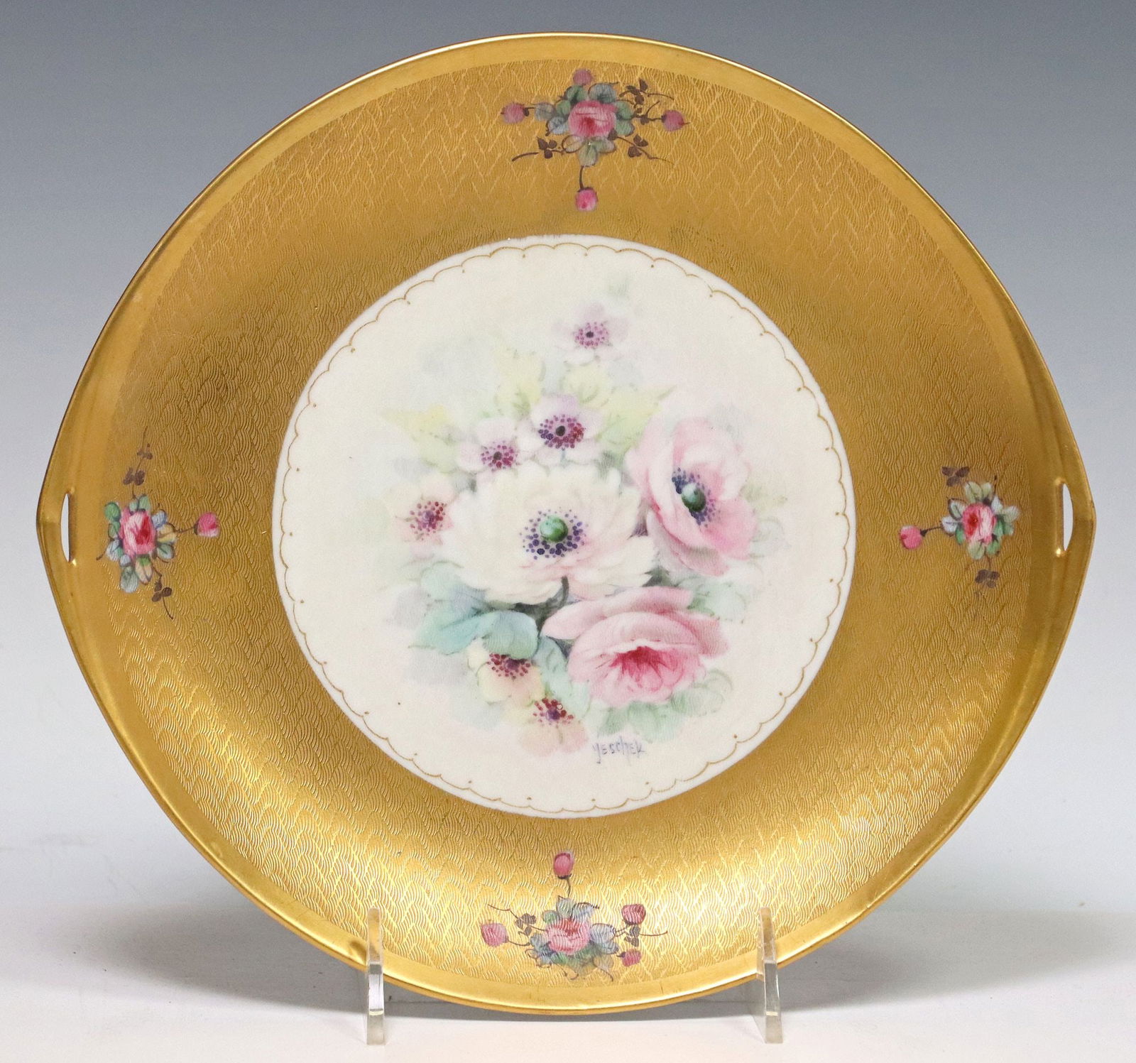 JOSEPH YESCHEK (1866-1927) FOR PICKARD PARCEL GILT & FLORAL CAKE PLATE, MARK 10 (1 of 3)