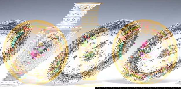 (3) CAPODIMONTE PARCEL-GILT & PAINTED PLATES, 1 BOHEMAN CRYSTAL VASE: (lot of 3) Italian Neapolitan Capodimonte parcel-gilt porcelain plates, 19th c., the scalloped rim with raised Classical figure groupings among ancient Hellenistic ruins, framing central hand-painted
